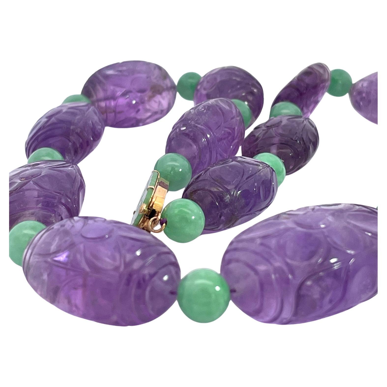 Vintage Carved Amethyst Jade Necklace 14K