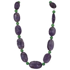 Collier vintage 3 pièces en or 14 carats avec améthyste sculptée et jade