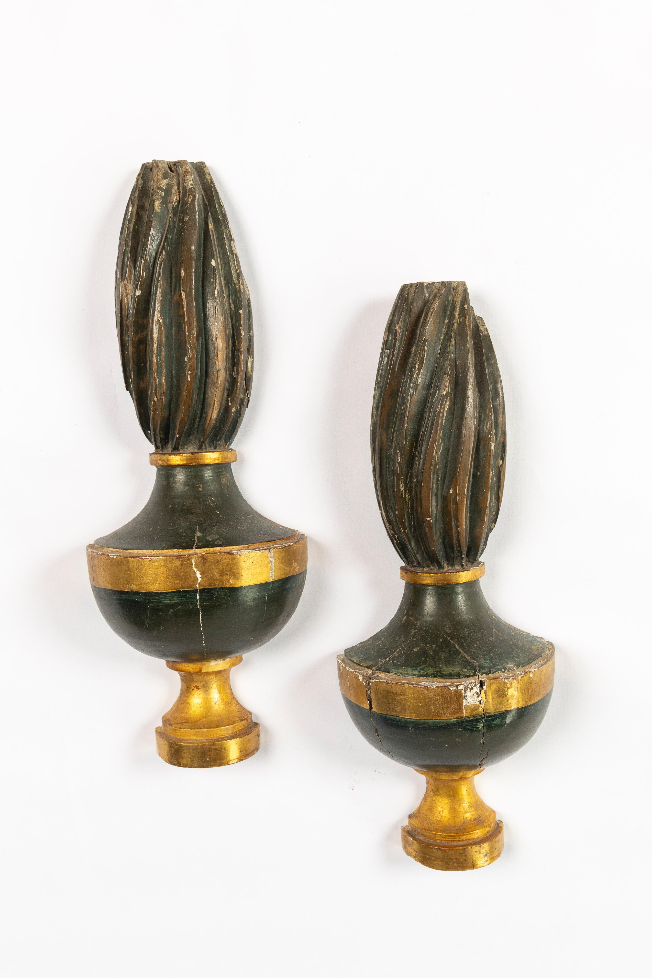 Pair of Vintage Wall Ornaments made of carved and gilded wood. Interesting accessories for a vintage home, especially in the hall or near a mantel.