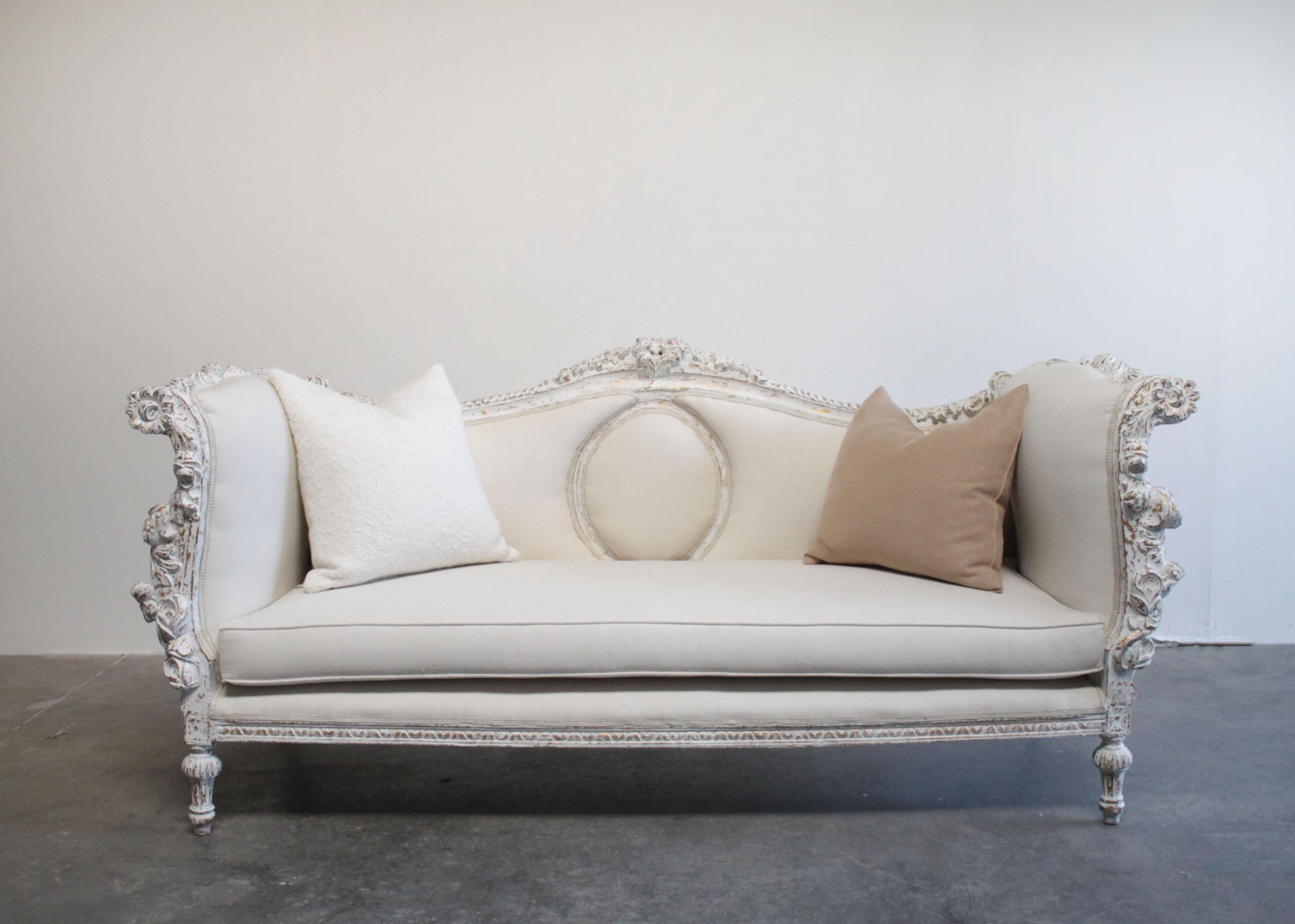 Vintage Carved and Painted French Style Sofa In Good Condition In Brea, CA