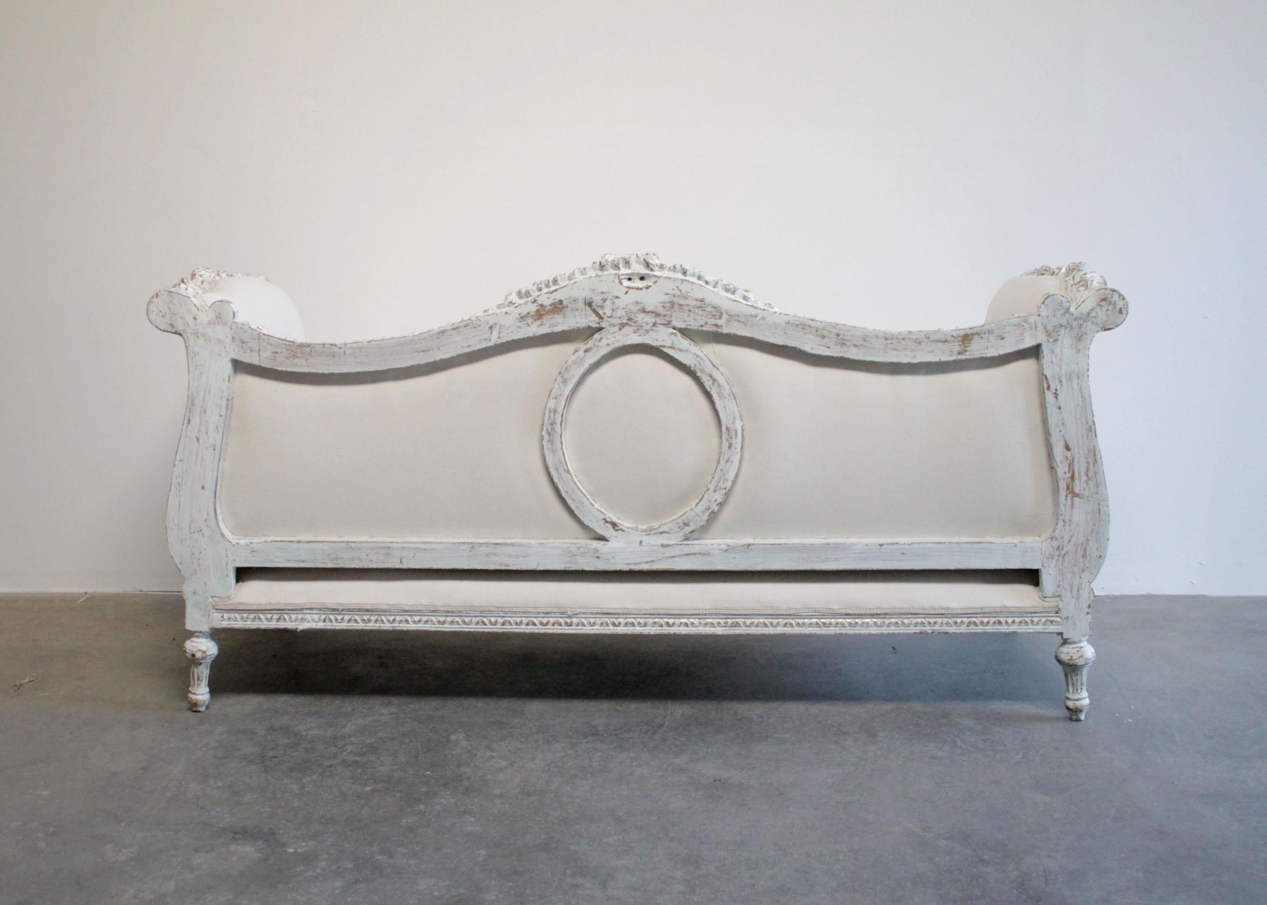 Cotton Vintage Carved and Painted French Style Sofa