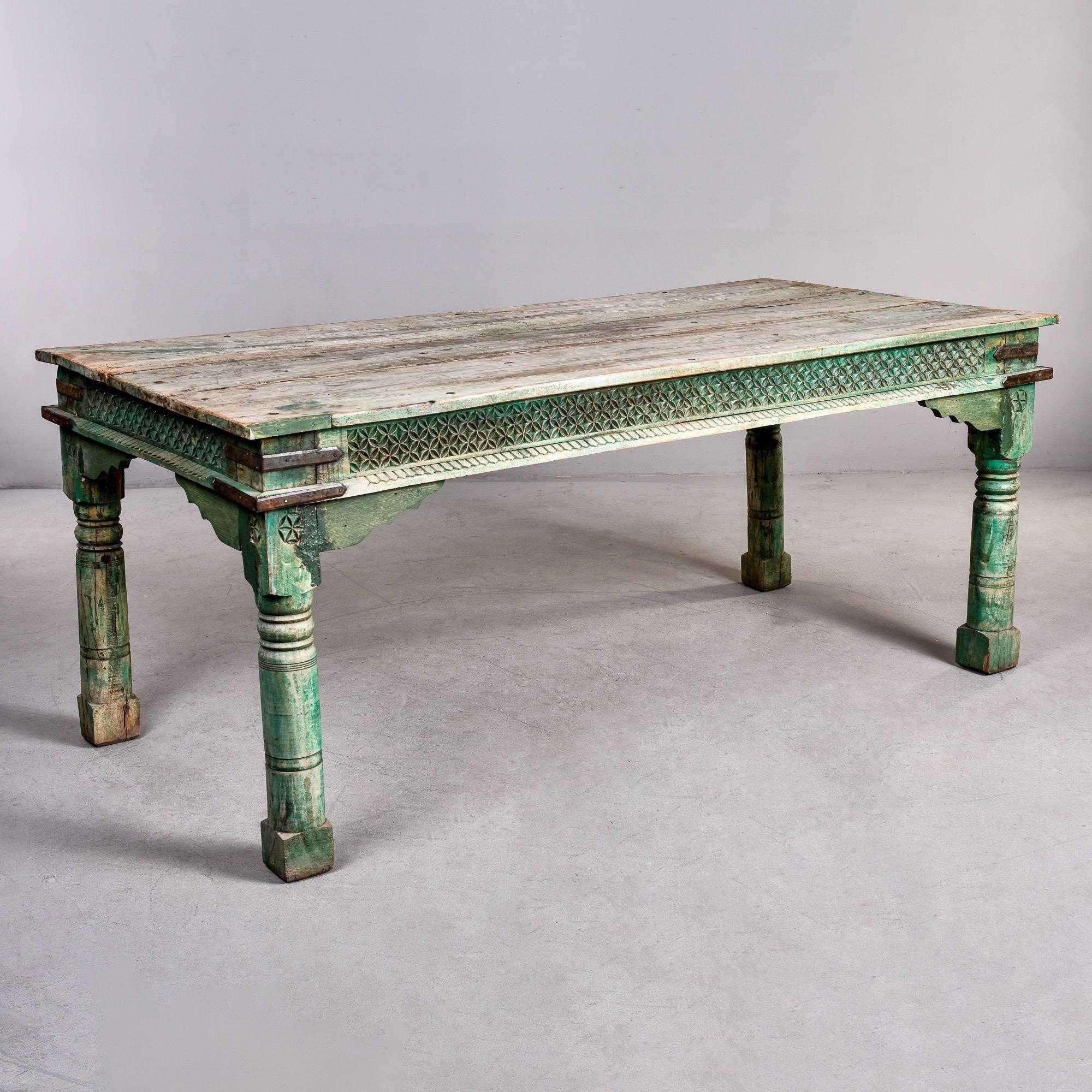 Indian Vintage Carved and Painted Rustic Dining Table