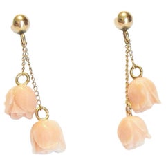 Vintage Carved Angel Skin Coral & 14 K Yellow Gold Drop Earrings, Circa 1970's