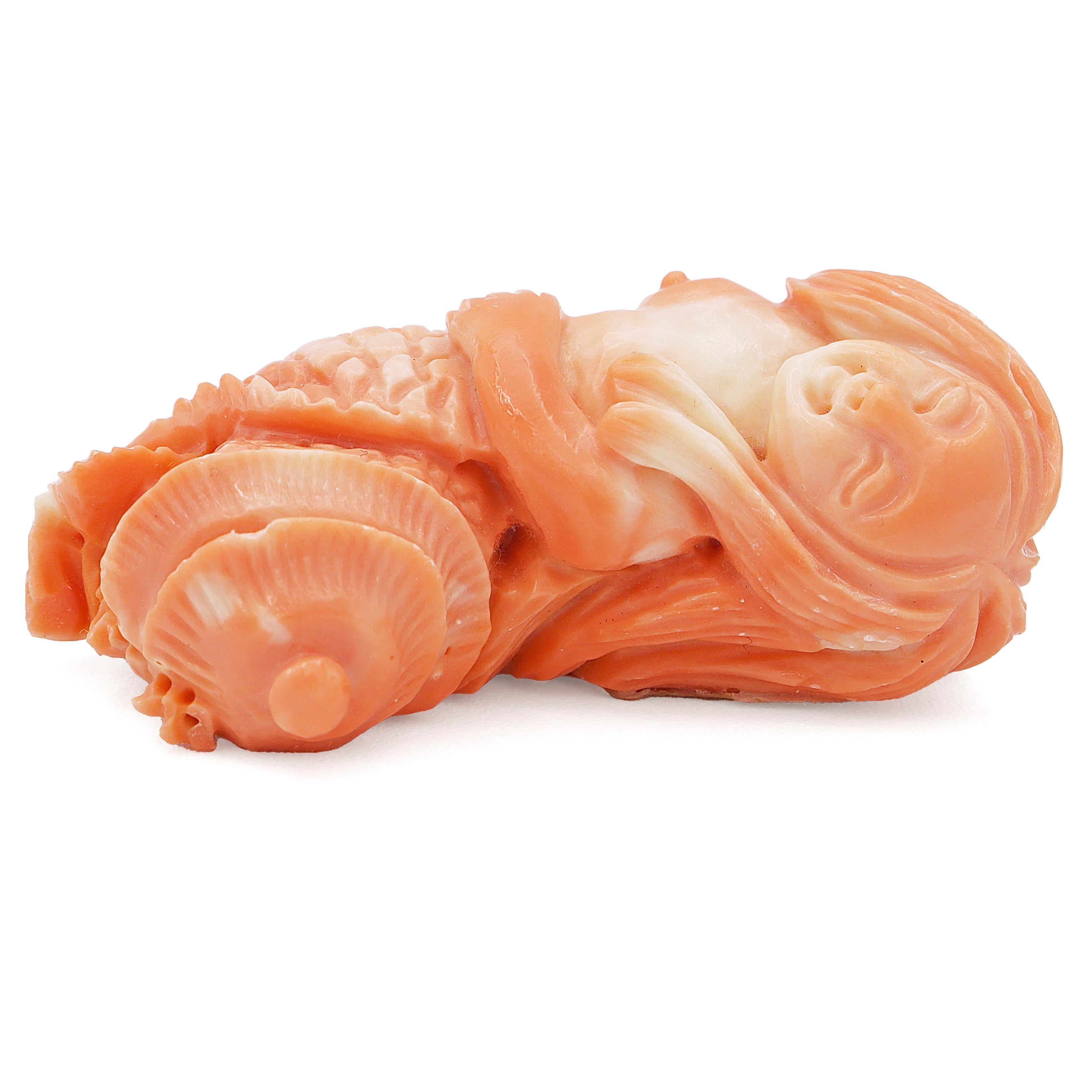 Women's Vintage Carved Angel Skin Coral Siren Mermaid Figurine Sculpture For Sale