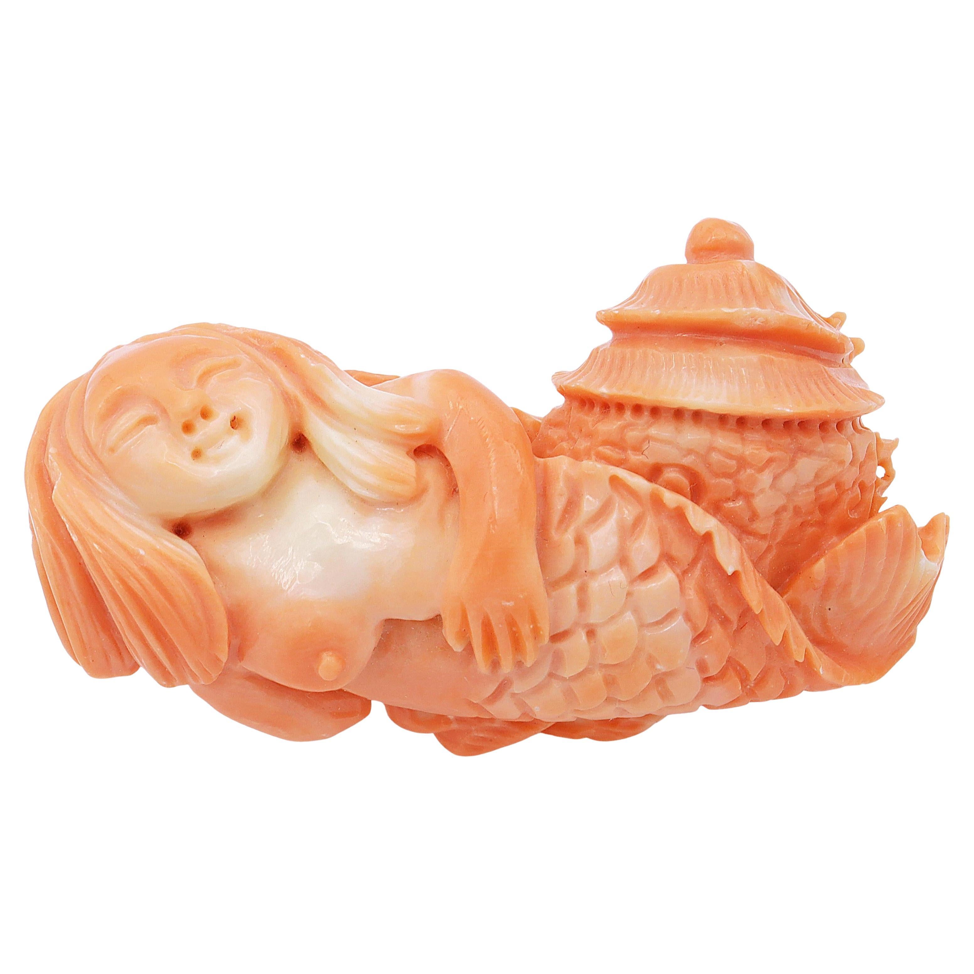 Vintage Carved Angel Skin Coral Siren Mermaid Figurine Sculpture