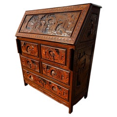 Vintage Carved Asian Drop Front 5 Drawer Secretary