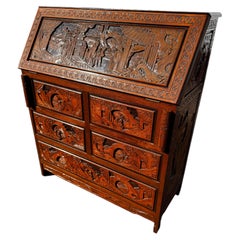 Vintage Carved Asian Drop Front 5 Drawer Secretary
