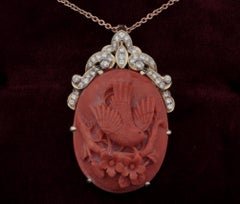 Vintage Carved Bird Coral Diamond Brooch/Pendant 14 Karat Large Size