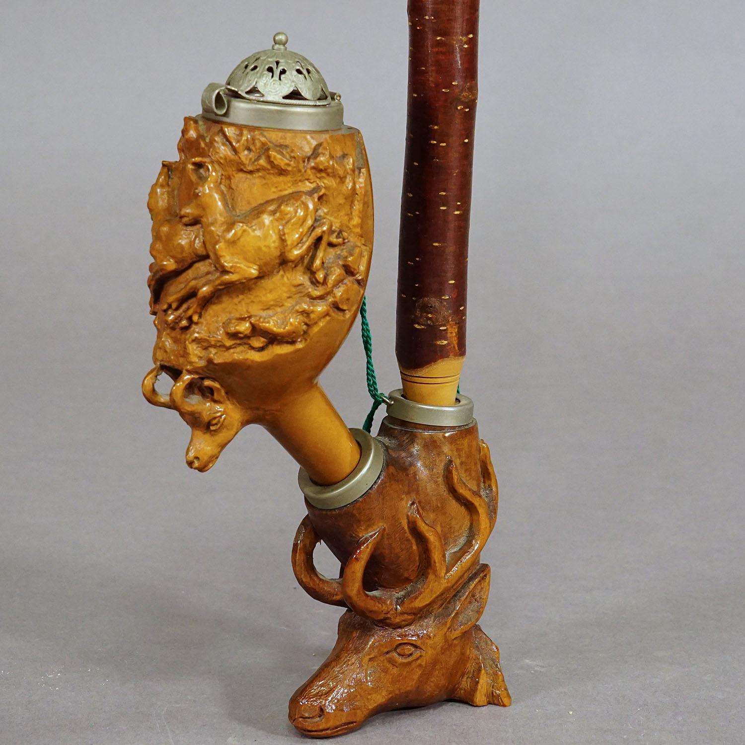 German Vintage Carved Black Forest Tobacco Pipe with Stag and Chamois