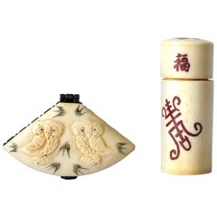 Vintage Carved Bone Chinese Boxes Toothpick Holder Pillbox