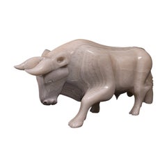 Vintage Carved Bull, English, White Onyx, Ornamental Display Figure, Circa 1950