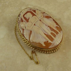 Vintage Carved Cameo Shell Brooch, Hallmarked 1973, Yellow Gold, Three Graces