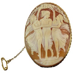 Vintage Carved Cameo Shell Brooch, Hallmarked 1973, Yellow Gold, Three Graces
