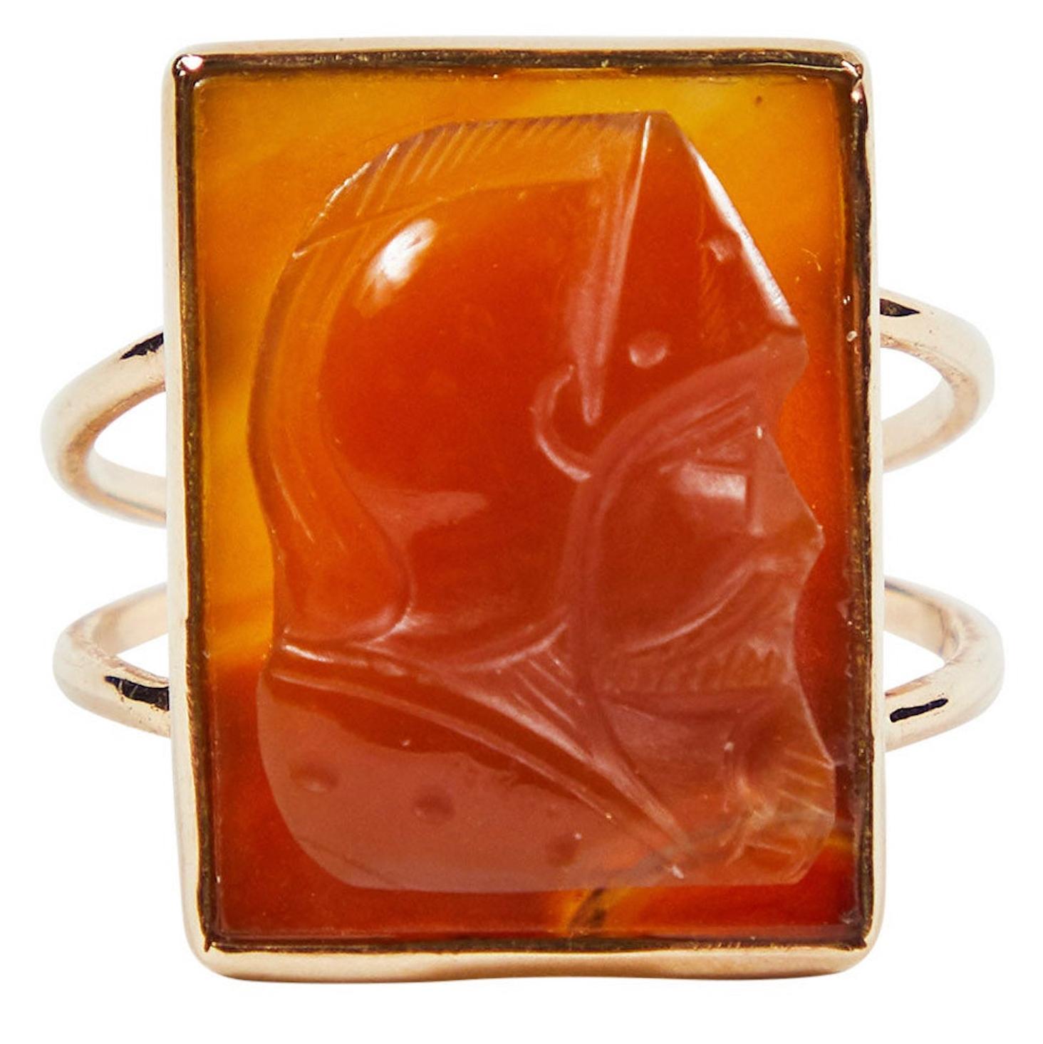 Vintage Carved Carnelian Cameo Ring, Knight in Helmet