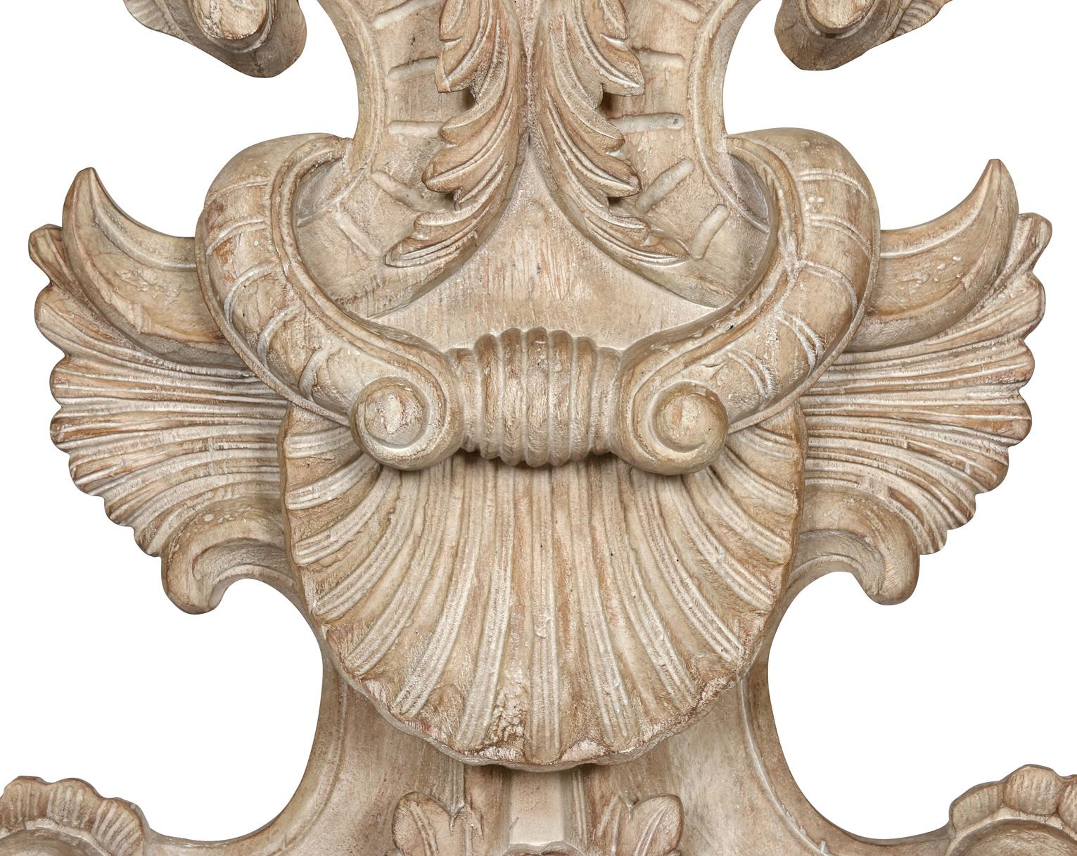 Vintage carved shell form console table with marble top by Century Furniture in neutral tones.