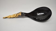 Vintage Carved Ceremonial Ladle Black Lacquered Bowl 22K Gold Lizards & Diamond