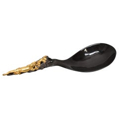 Vintage Carved Ceremonial Ladle Black Lacquered Bowl 22K Gold Lizards & Diamond