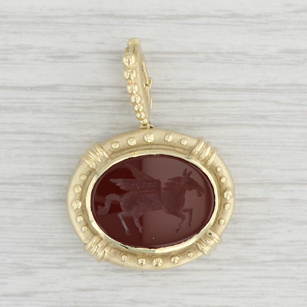 Gemstone Information:
*Natural Chalcedony (carnelian / sardonyx)*
Total Carats - 19.2 x 14.5 mm
Cut - Oval Cabochons
Color - Brown / Red & Green
Treatment - Dyeing / Color Enhancement

Metal: 14k Yellow Gold
Weight: 18.3 Grams 
Stamps: