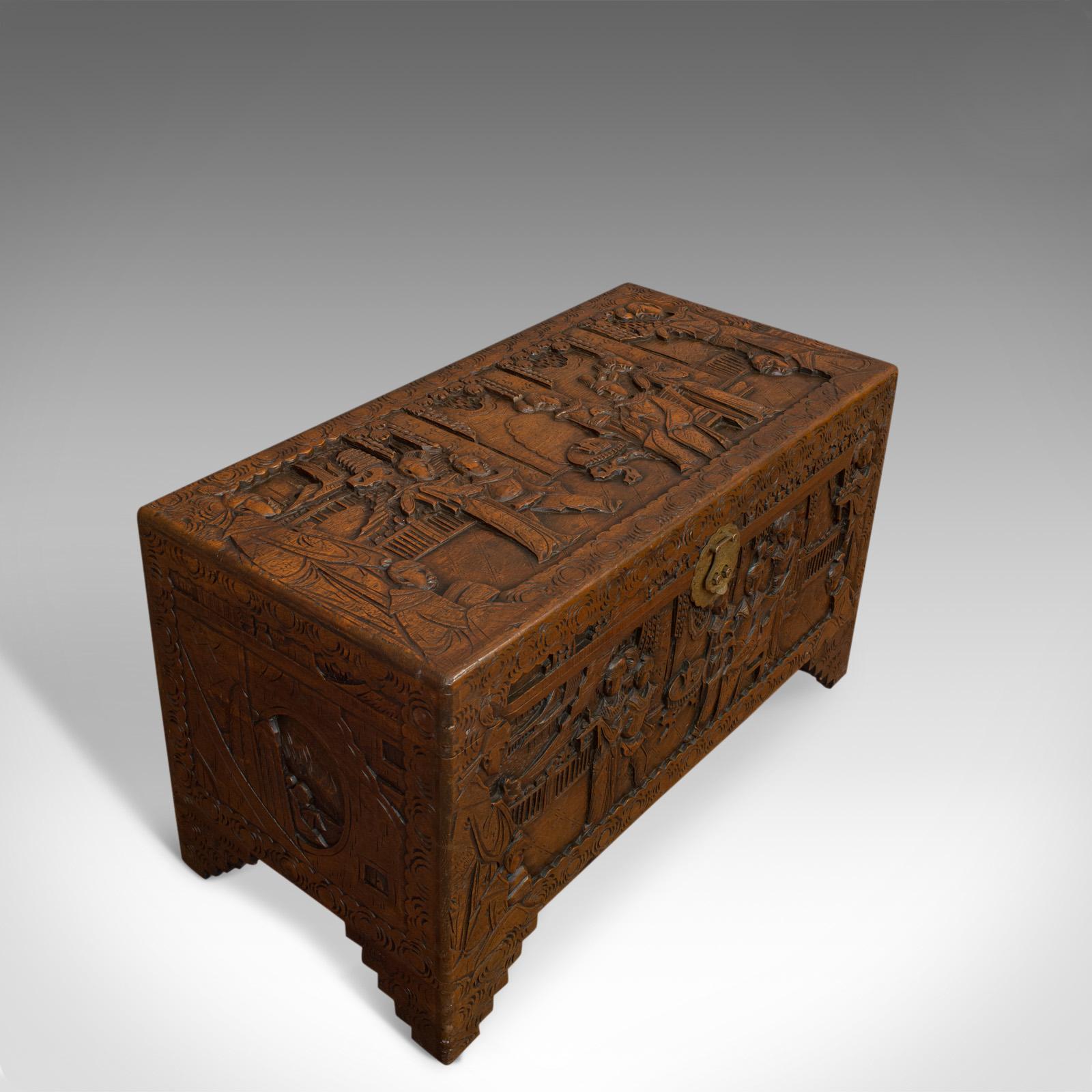 Vintage Carved Chest, Oriental, Camphorwood, Decorative Trunk, Art Deco, 1940 In Good Condition In Hele, Devon, GB