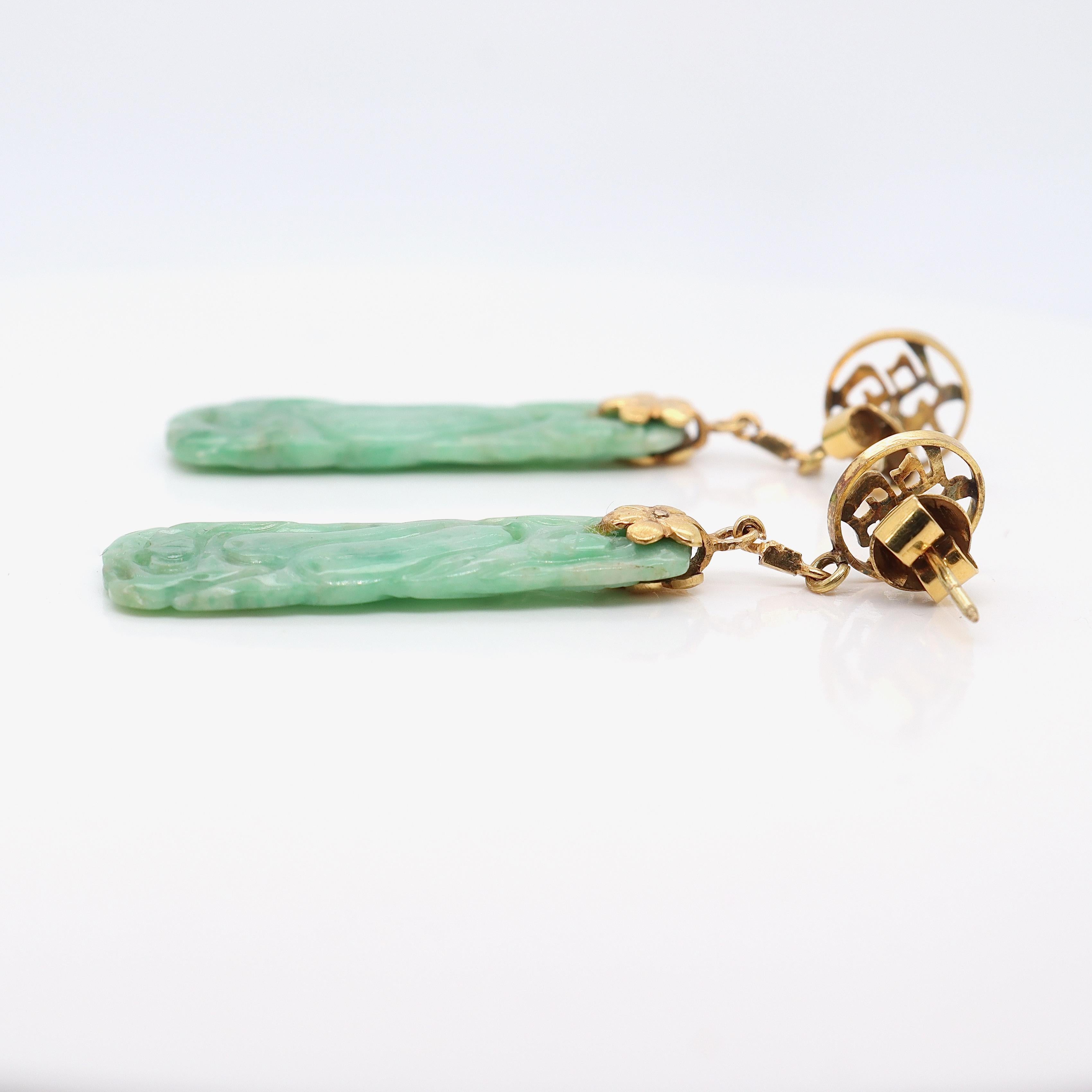 Vintage Carved Chinese Jade & 14K Gold Dangle Earrings For Sale 1
