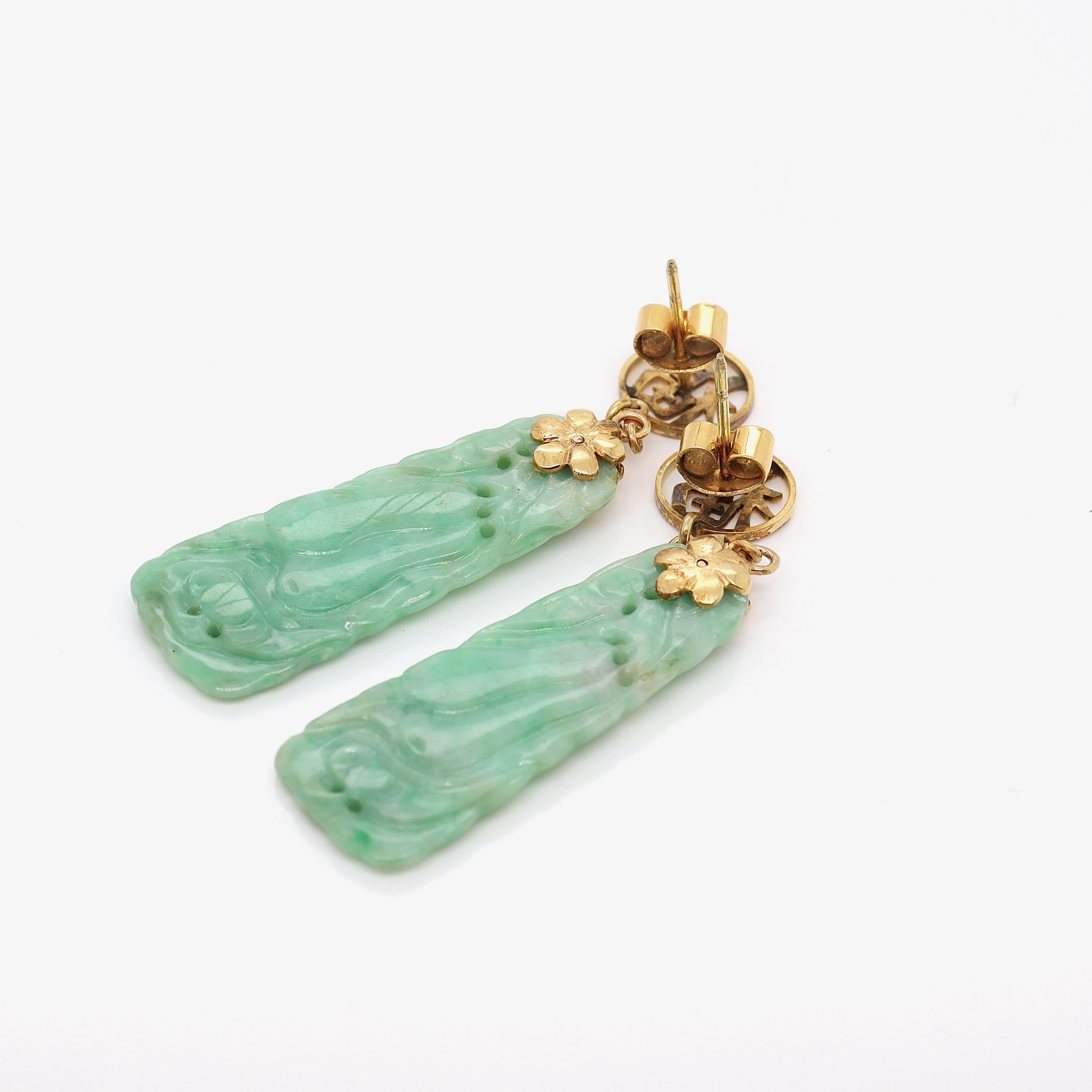 Vintage Carved Chinese Jade & 14K Gold Dangle Earrings For Sale 5