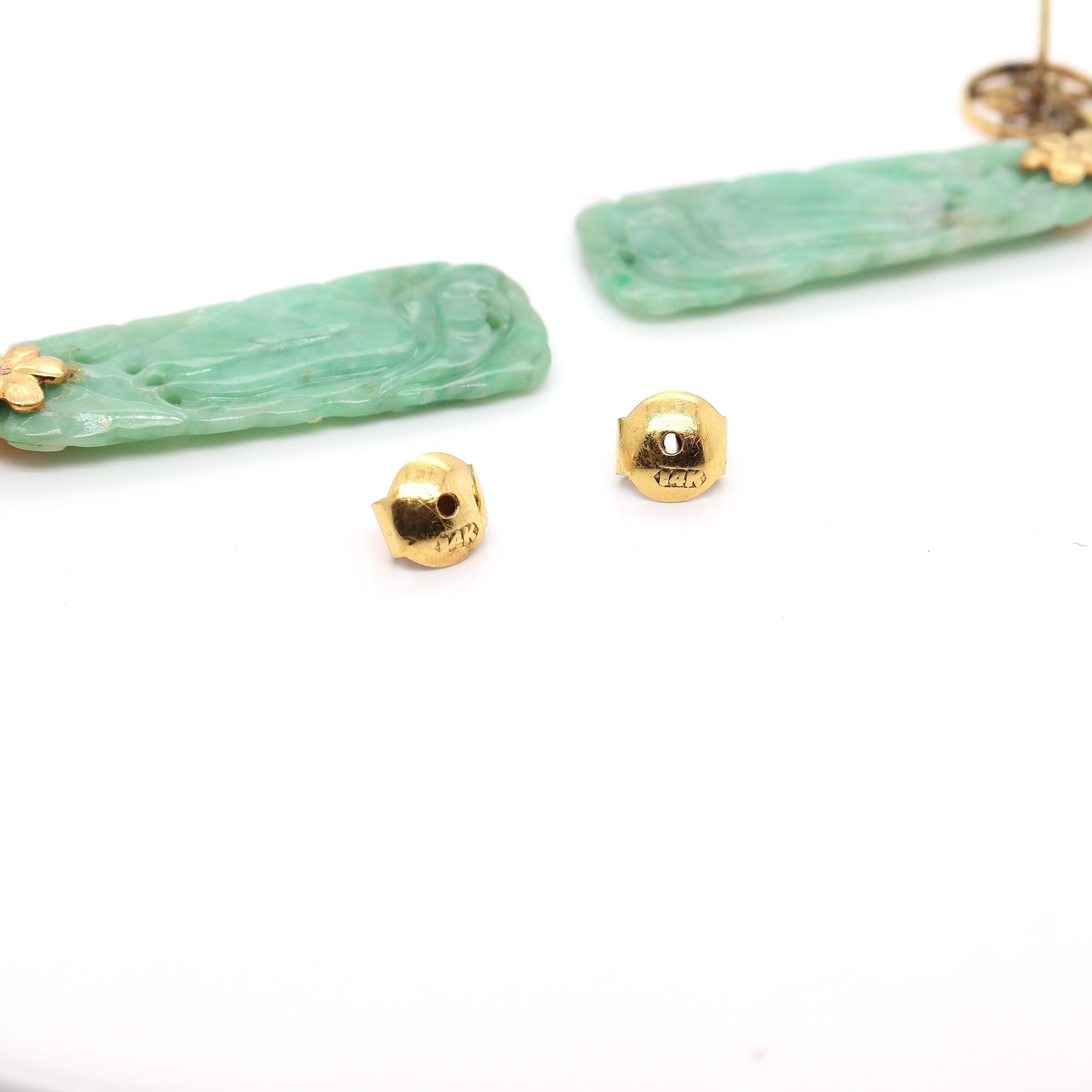 Vintage Carved Chinese Jade & 14K Gold Dangle Earrings For Sale 6