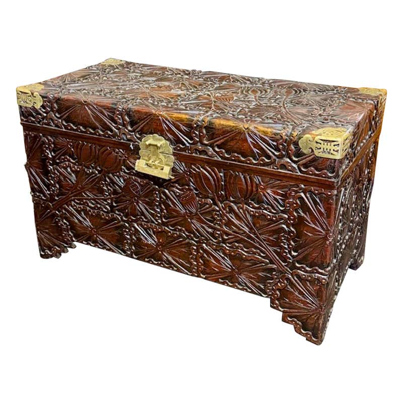 Vintage Spanish Embossed Leather Trunk-Form Cabinet on Bun Feet, circa ...
