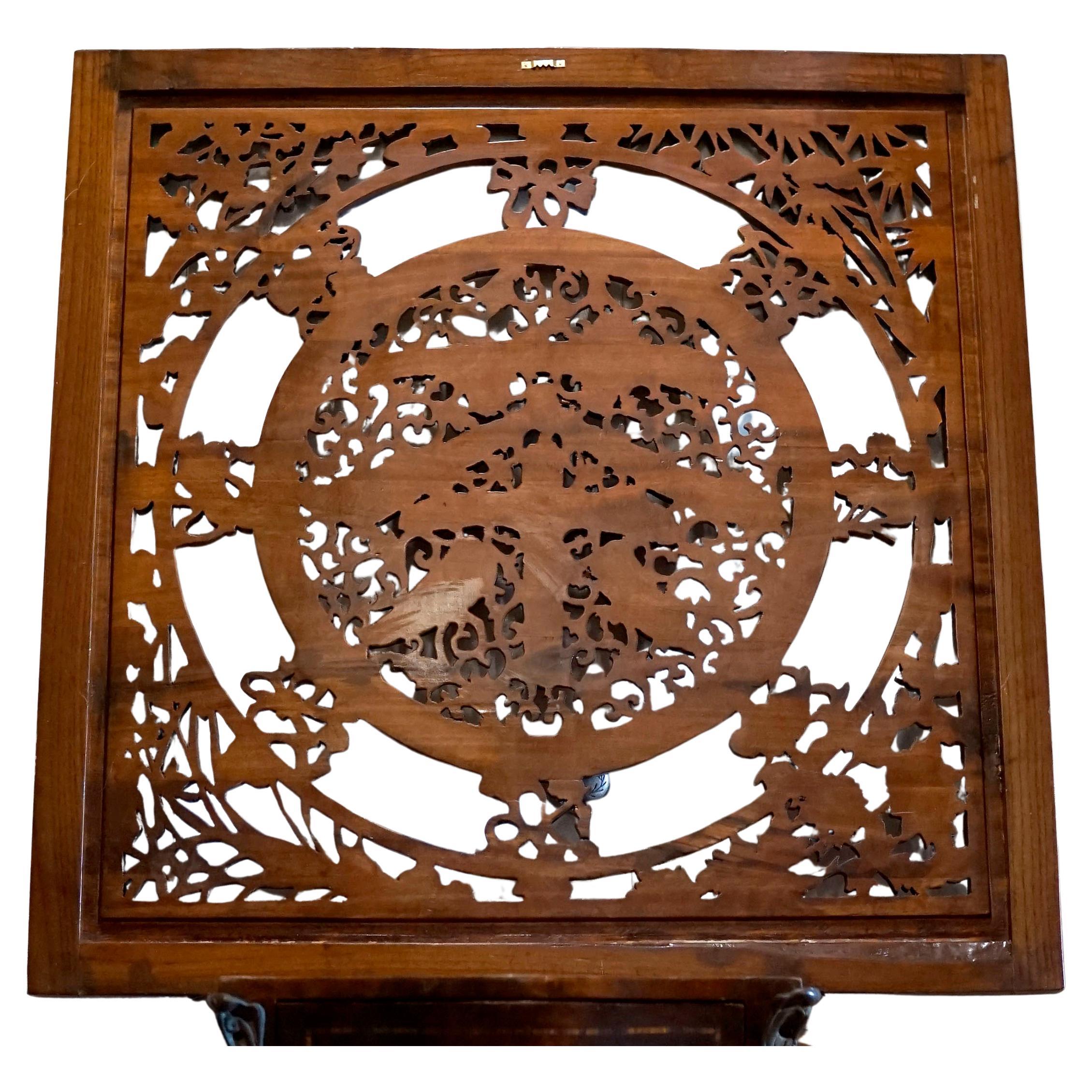 Vintage Carved Chinese Window Panel in Mahogany with Chinese Tea Symbol For Sale