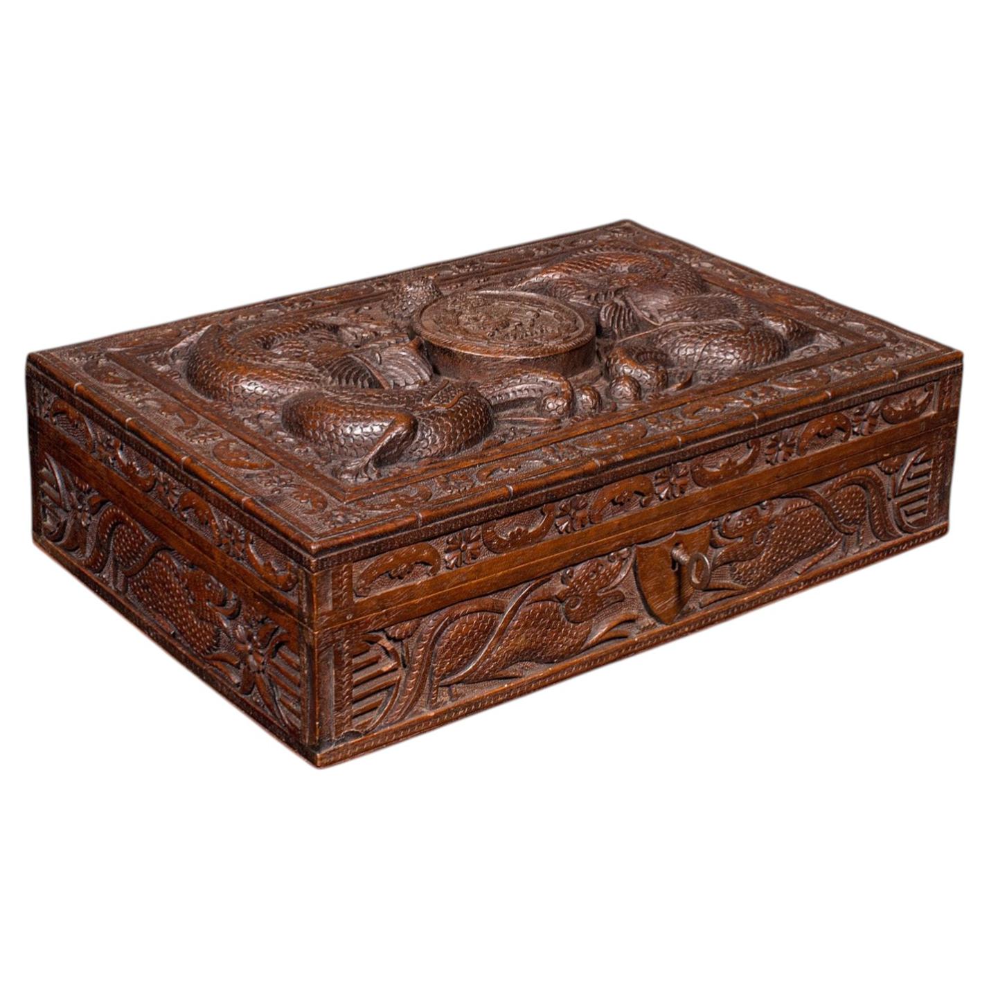 Vintage Carved Cigar Box, Oriental, Teak, Keepsake, Jewellery Case, Art Deco