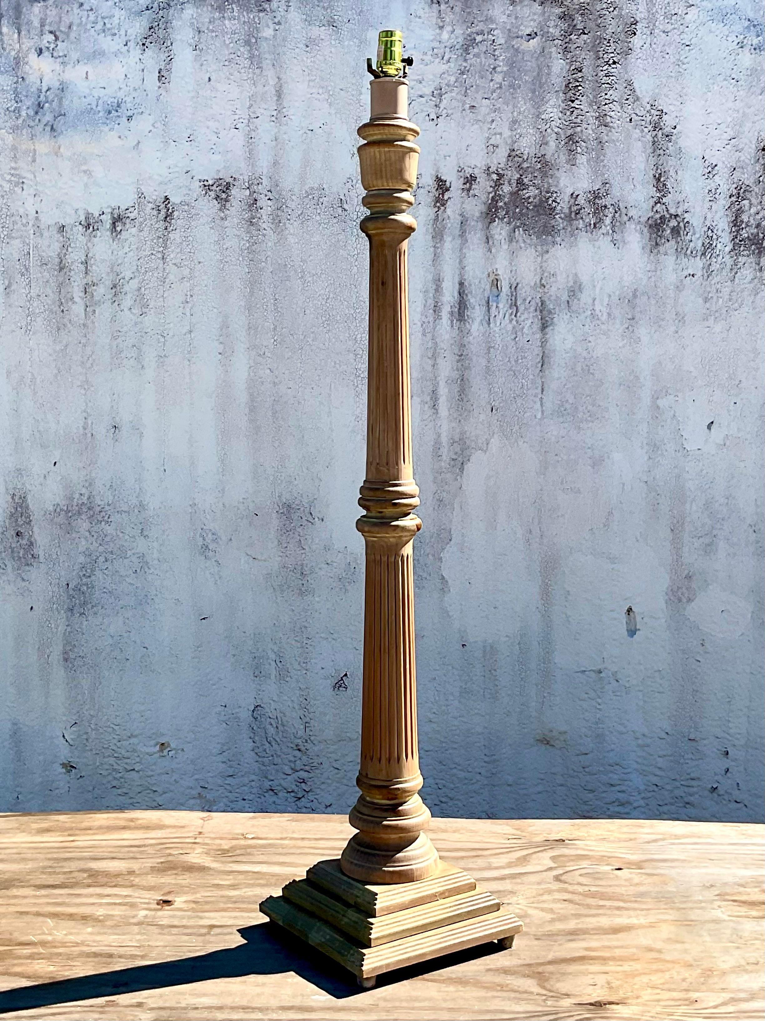 Fantastic vintage hand carved Floor lamp. Chic column design in a limed oak finish. Acquired from a Palm Beach estate.