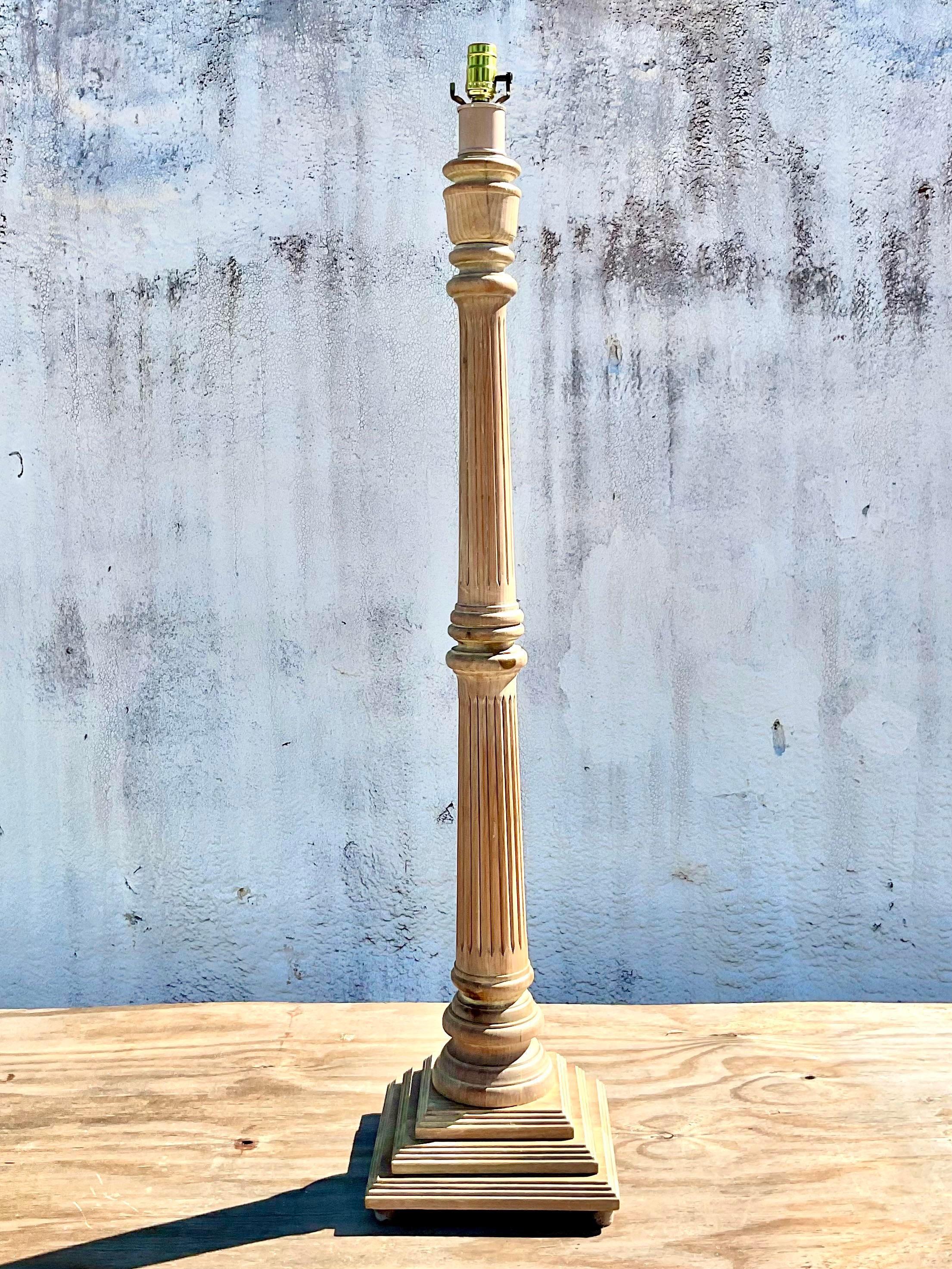North American Vintage Carved Column Limed Oak Floor Lamp For Sale