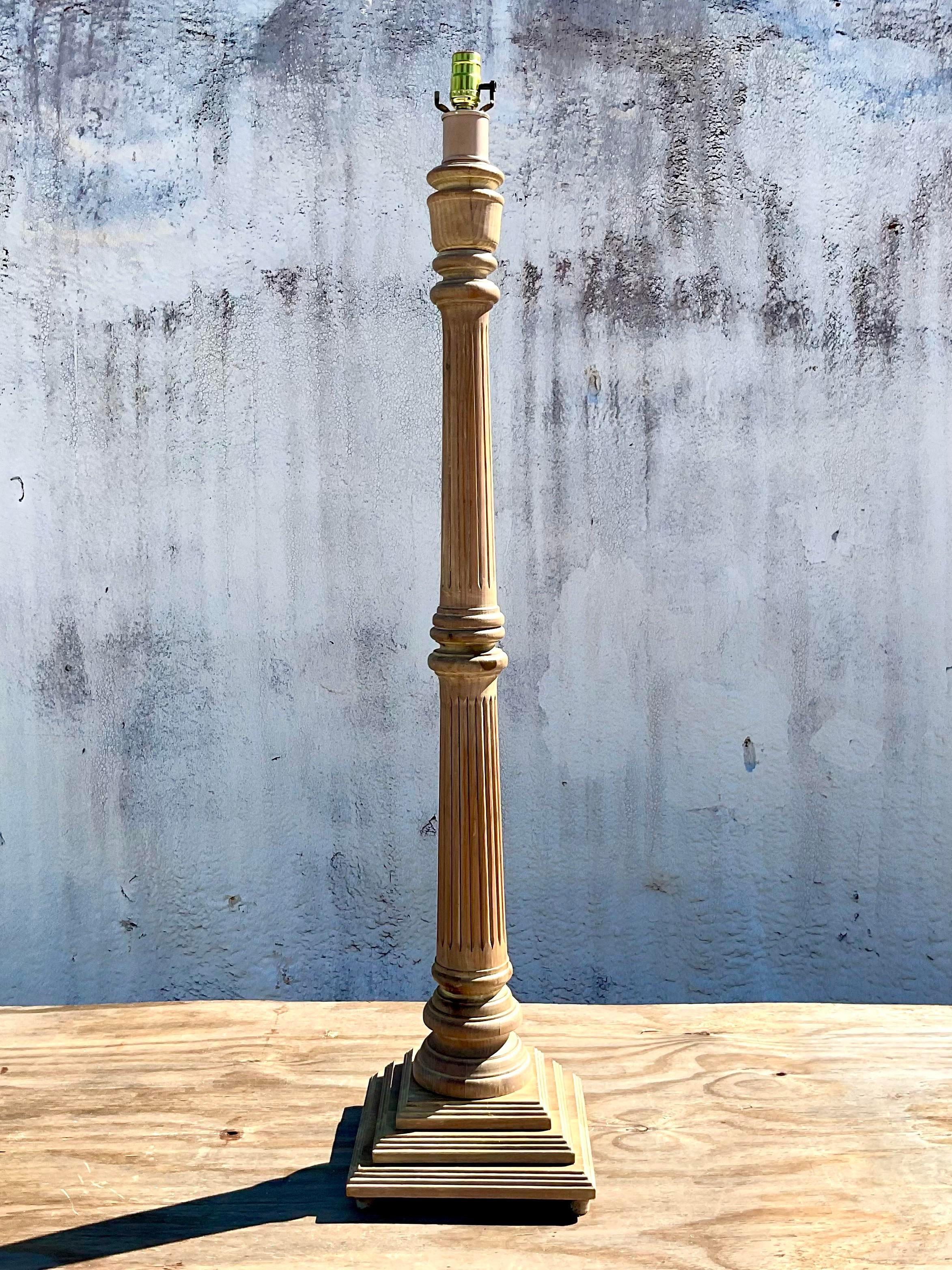 Vintage Carved Column Limed Oak Floor Lamp In Good Condition For Sale In west palm beach, FL