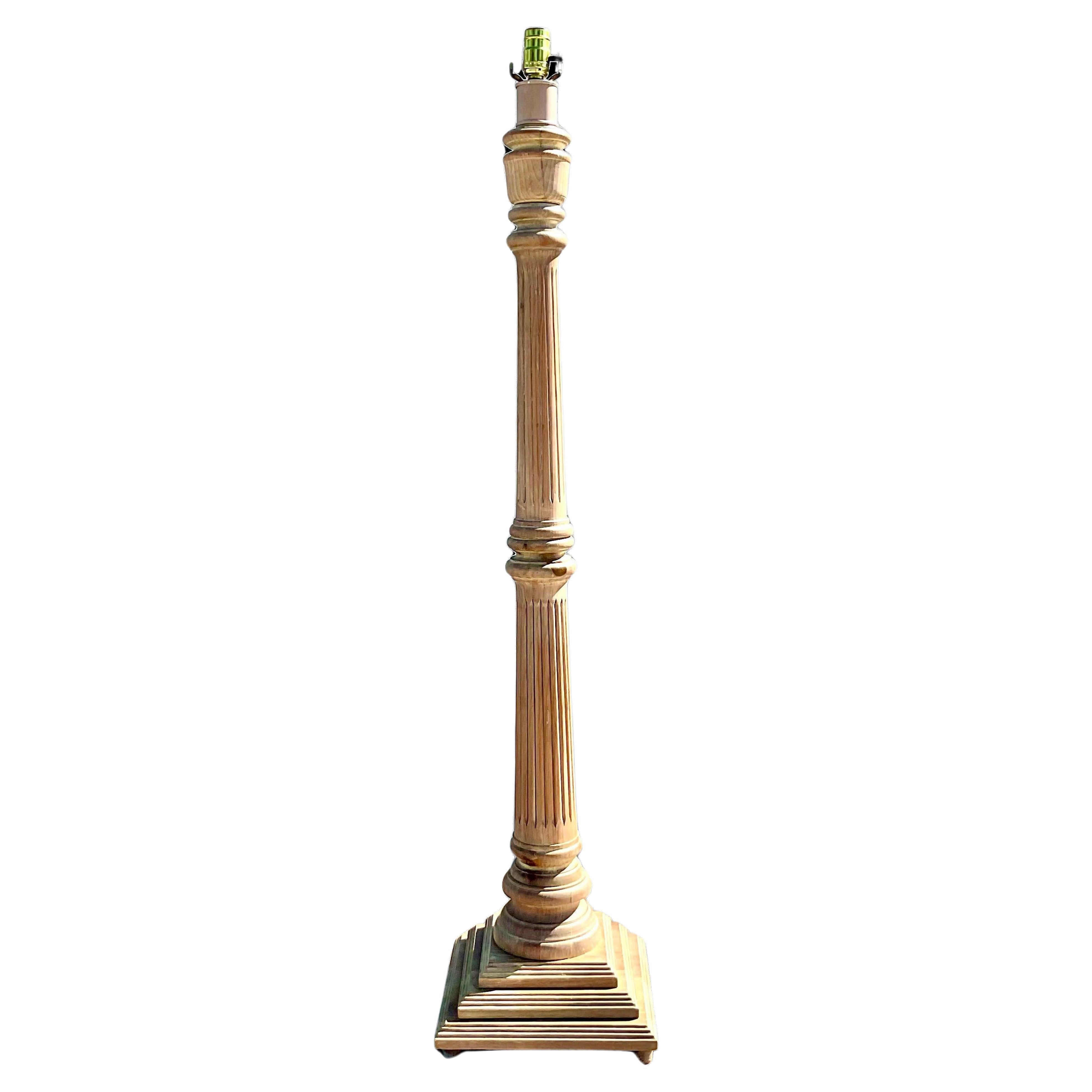 Vintage Carved Column Limed Oak Floor Lamp For Sale