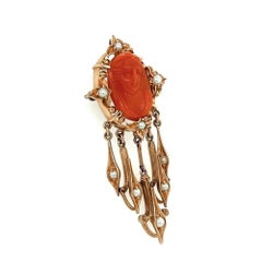 Vintage Carved Coral and Seed Pearl Antique Gold Brooch Pin Pendant Necklace