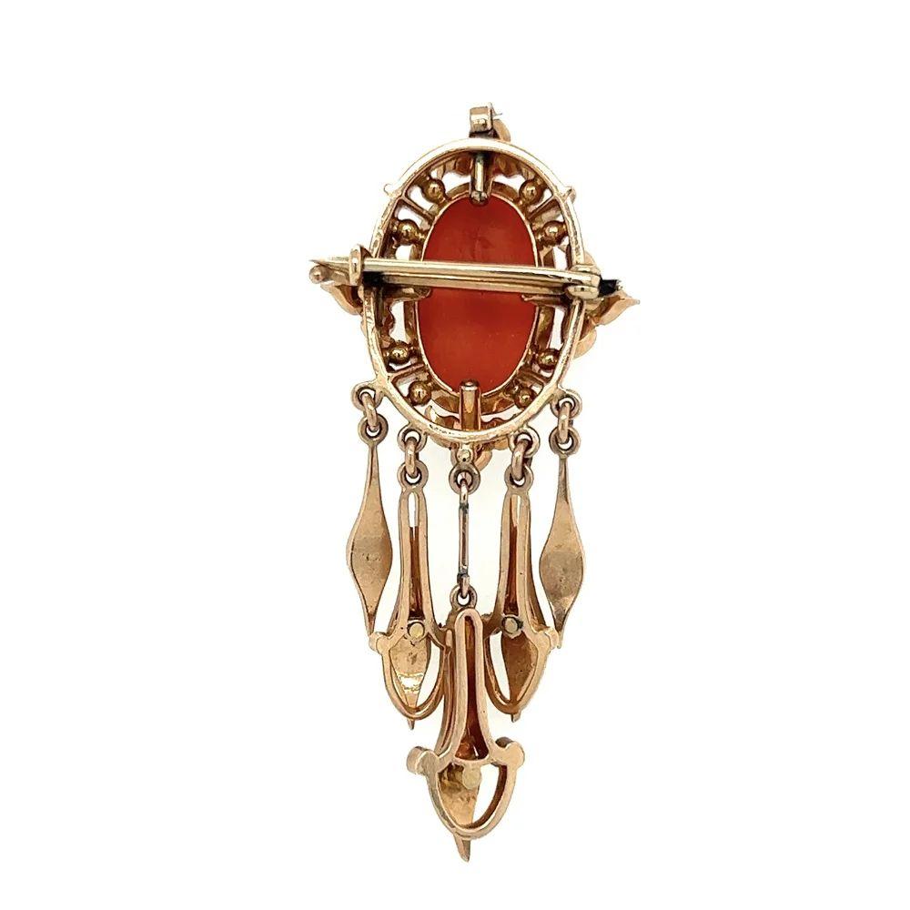 Victorian Vintage Carved Coral and Seed Pearl Antique Gold Brooch Pin Pendant Necklace For Sale