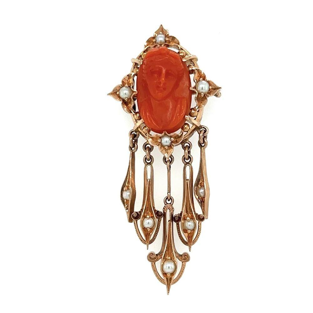 Mixed Cut Vintage Carved Coral and Seed Pearl Antique Gold Brooch Pin Pendant Necklace For Sale