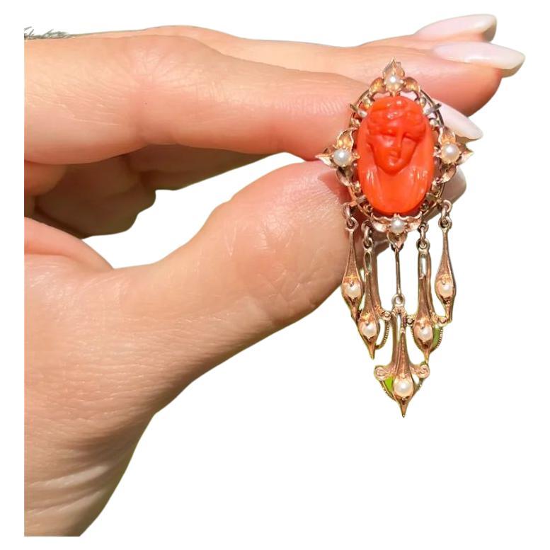 Vintage Carved Coral and Seed Pearl Antique Gold Brooch Pin Pendant Necklace