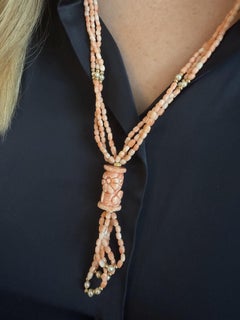 Vintage Carved Coral Bead Necklace 14K Yellow Gold