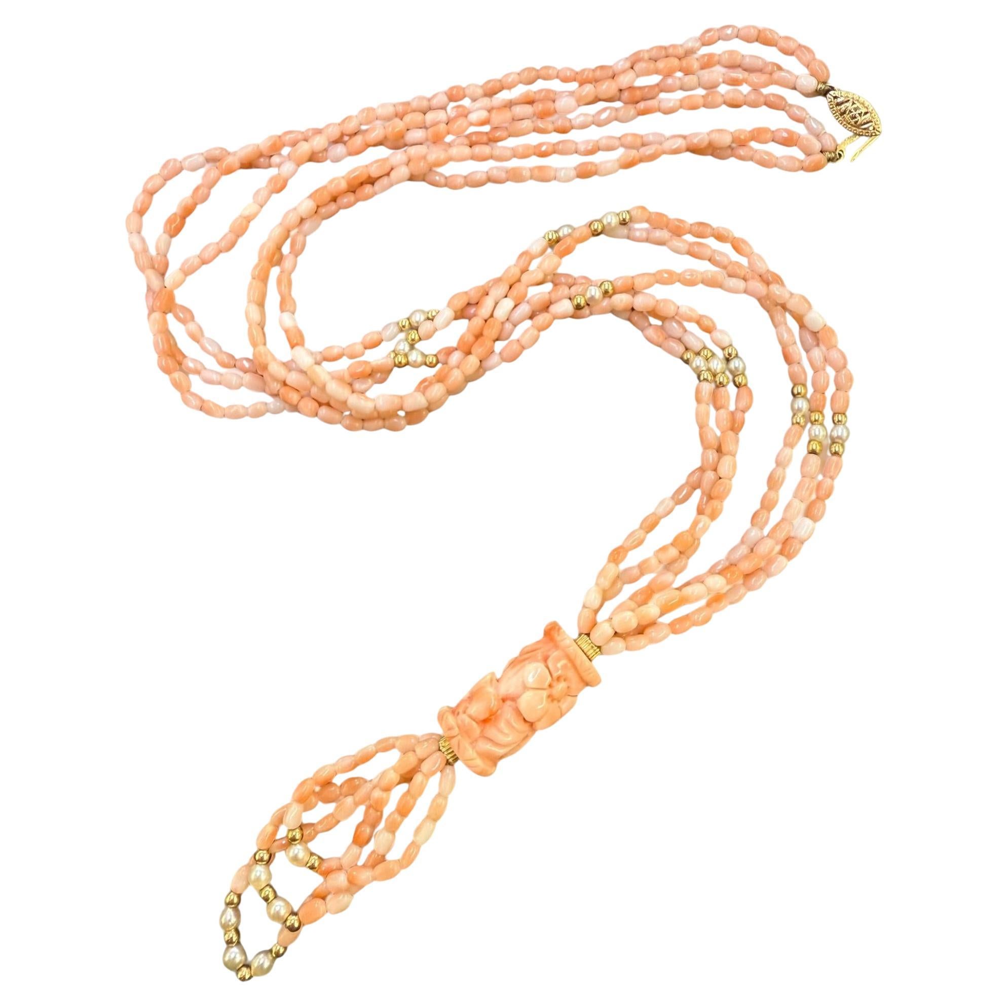 Vintage Carved Coral Bead Necklace 14K Yellow Gold