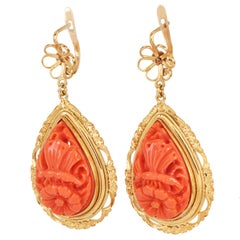 Vintage Carved Coral Butterfly Garden 18K Gold Frame Drop Earrings