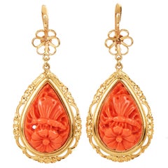 Vintage Carved Coral Butterfly Garden 18K Gold Frame Drop Earrings
