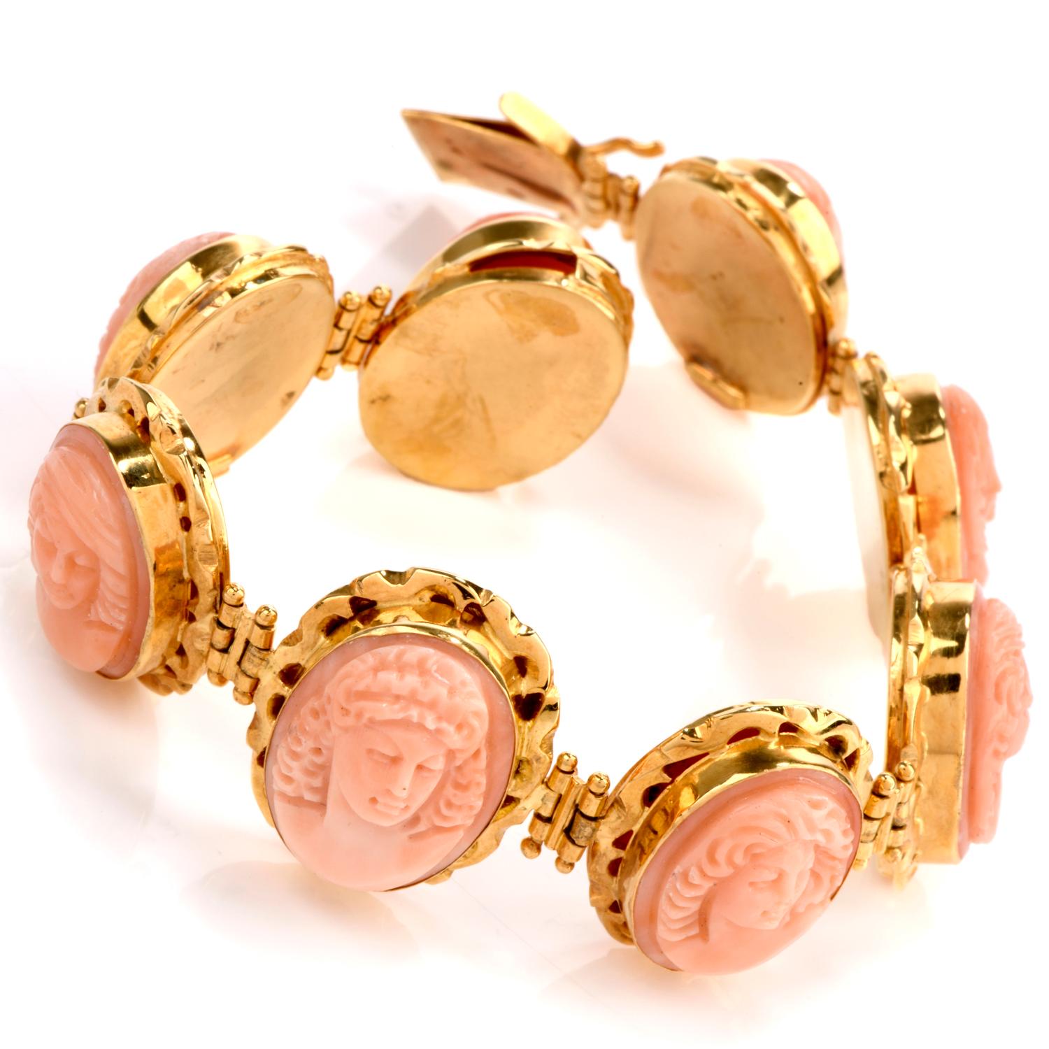 This intricate Retro vintage coral bracelet was crafted in 18K yellow gold. 

Featuring 8 carved natural coral Cameo's bezel sets, 

Each measuring appx. 14.50mm x 19.50mm.

Each cameo face is unique and all are hinged between and set in an