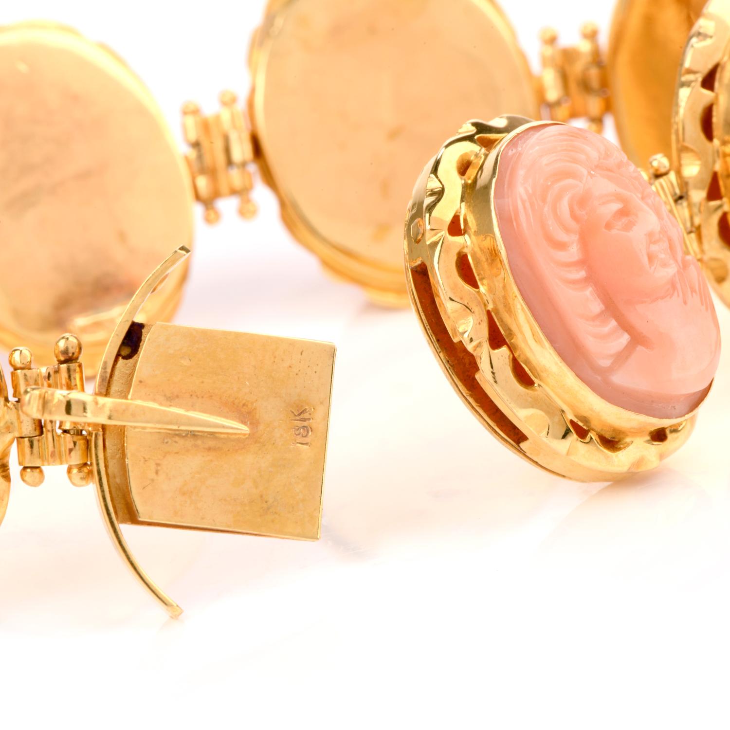 Mixed Cut Vintage Carved Coral Cameo 18 Karat Gold Link Bracelet For Sale