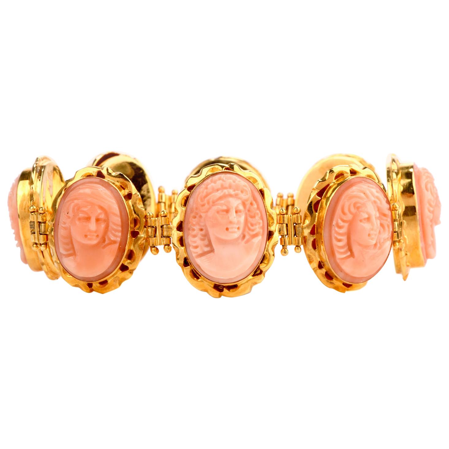 Vintage Carved Coral Cameo 18 Karat Gold Link Bracelet