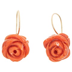 Vintage Carved Coral Earrings Large Drops 18k Yellow Gold Estate Fine Jewelry