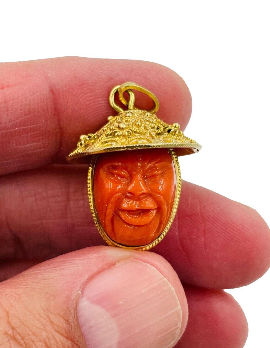 Oval Cut Vintage Carved Coral Faces Gold Pendant 