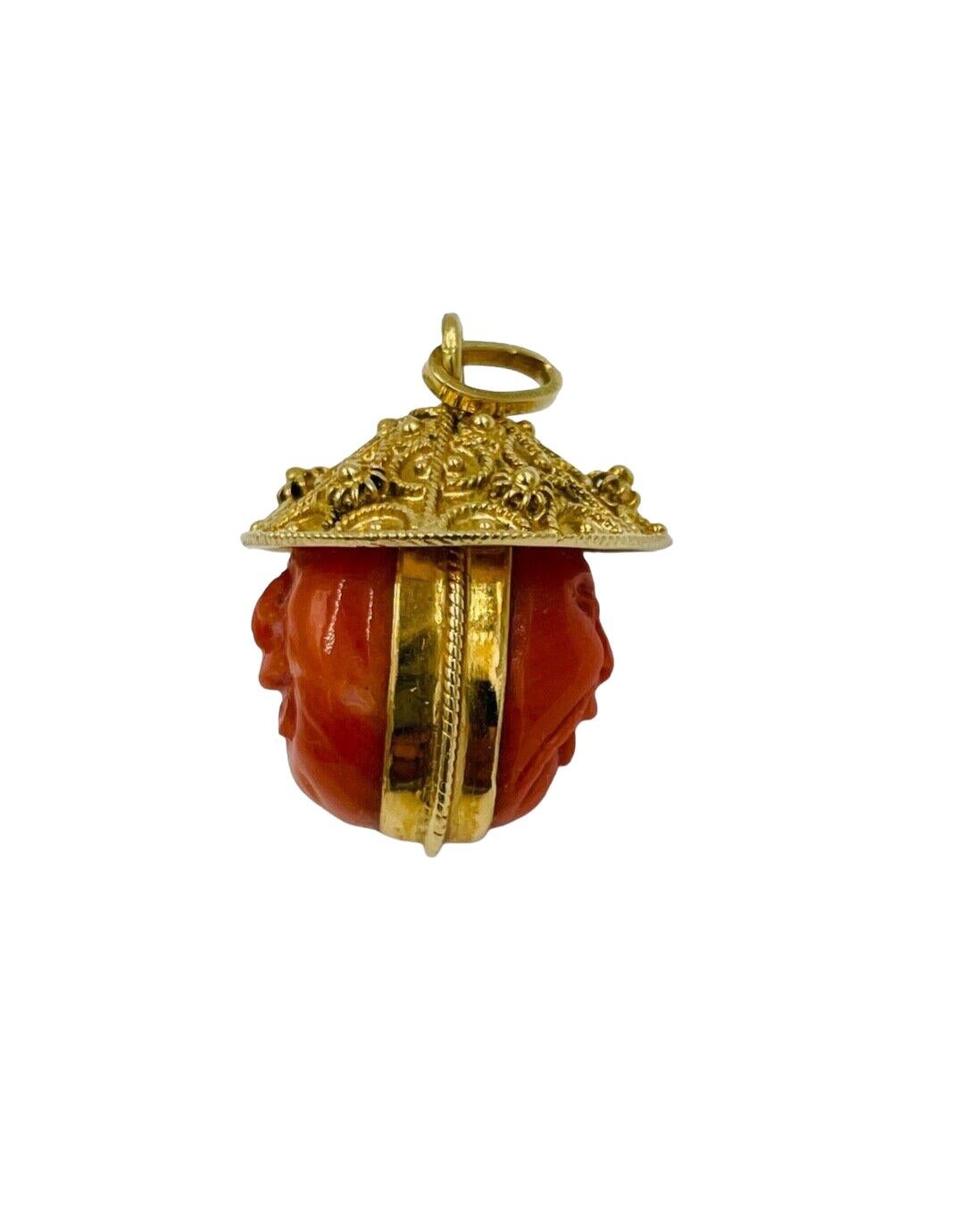 Vintage Carved Coral Faces Gold Pendant  In Good Condition In Los Angeles, CA