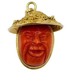 Vintage Carved Coral Faces Gold Pendant