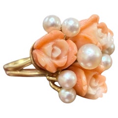 Vintage Carved Coral Flower & Pearl Ring 14K Yellow Gold