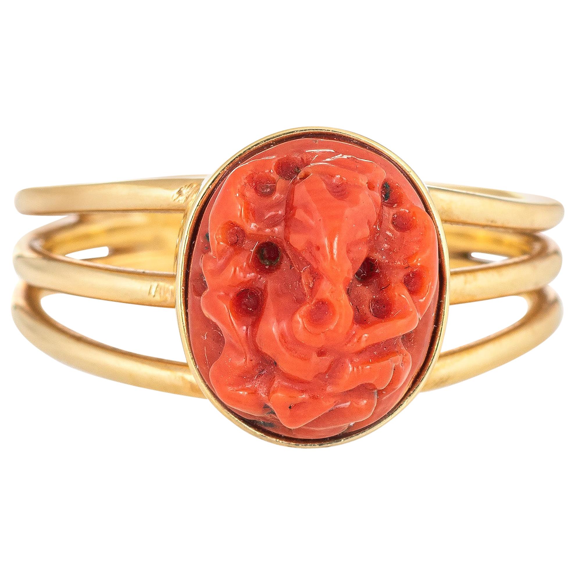 Vintage Carved Coral Ganesha Elephant Ring Hindu 14 Karat Yellow Gold Jewelry